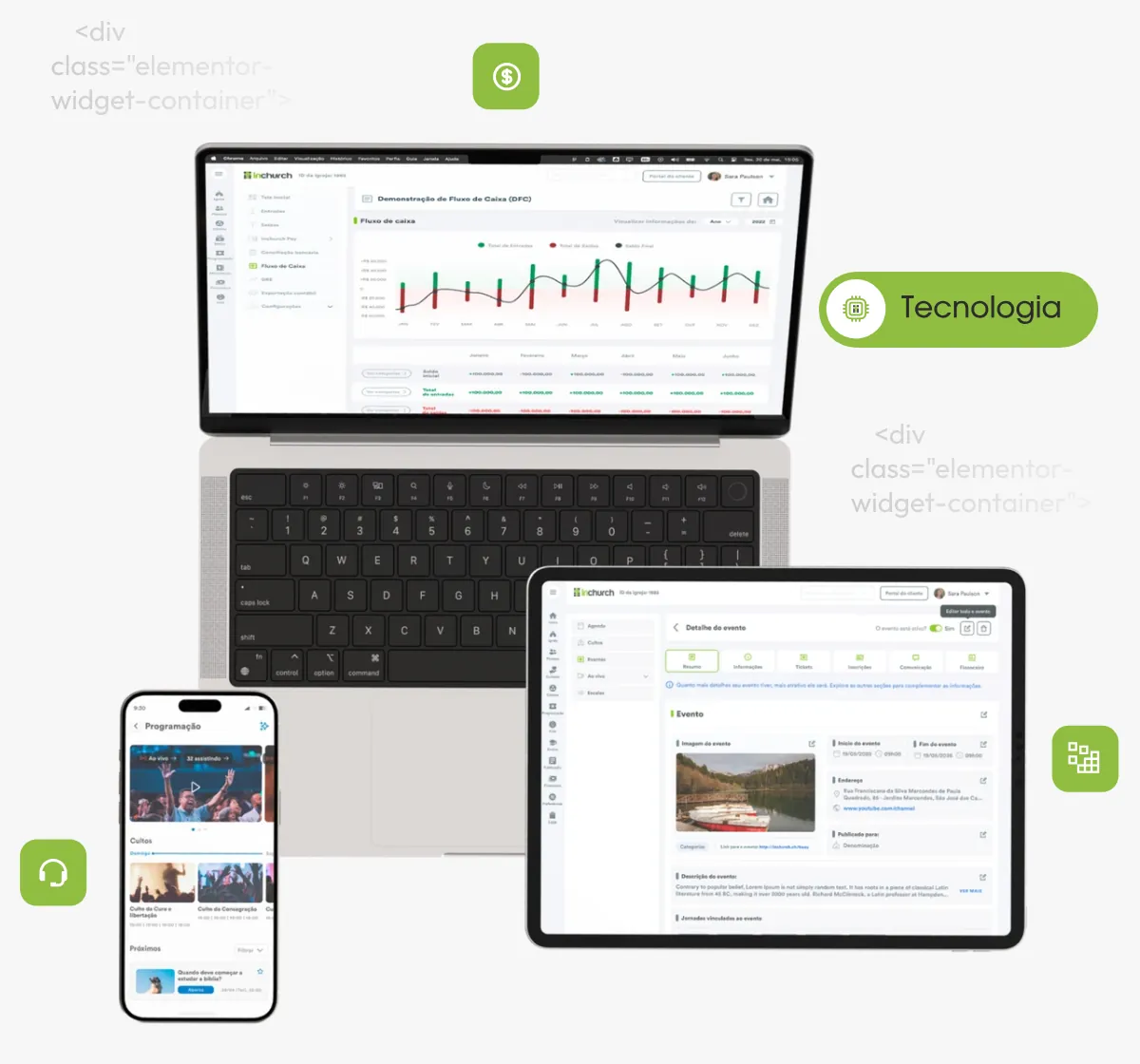 A plataforma inChurch em notebook, tablet e celular