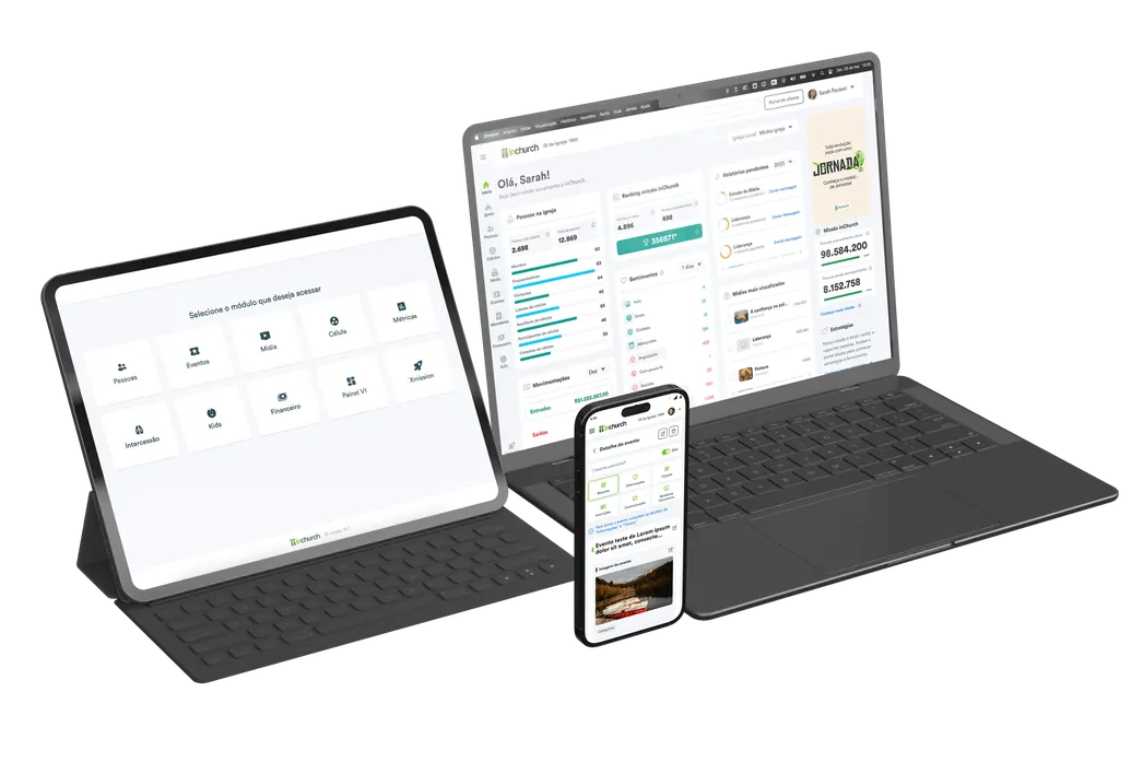 Painel inChurch em notebook, tablet e celular