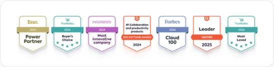 Prêmios: Inc. Power Partner, Buyer's Choice, Most Innovative Company, Forbes Cloud 100, Leader 2025 e Most Loved